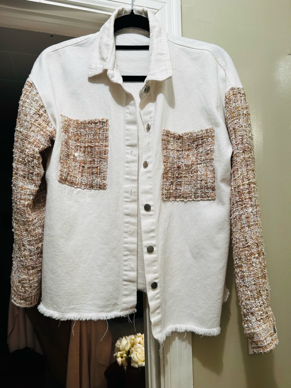 Andthewhy White Tweed-Trim Jean Jacket - Women's Button-Up Shacket